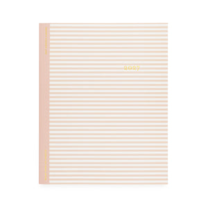 A flat monthly planner with a white and blush pink stripe pattern with '2027' stamped on cover in gold foil with a rose pink tape binding