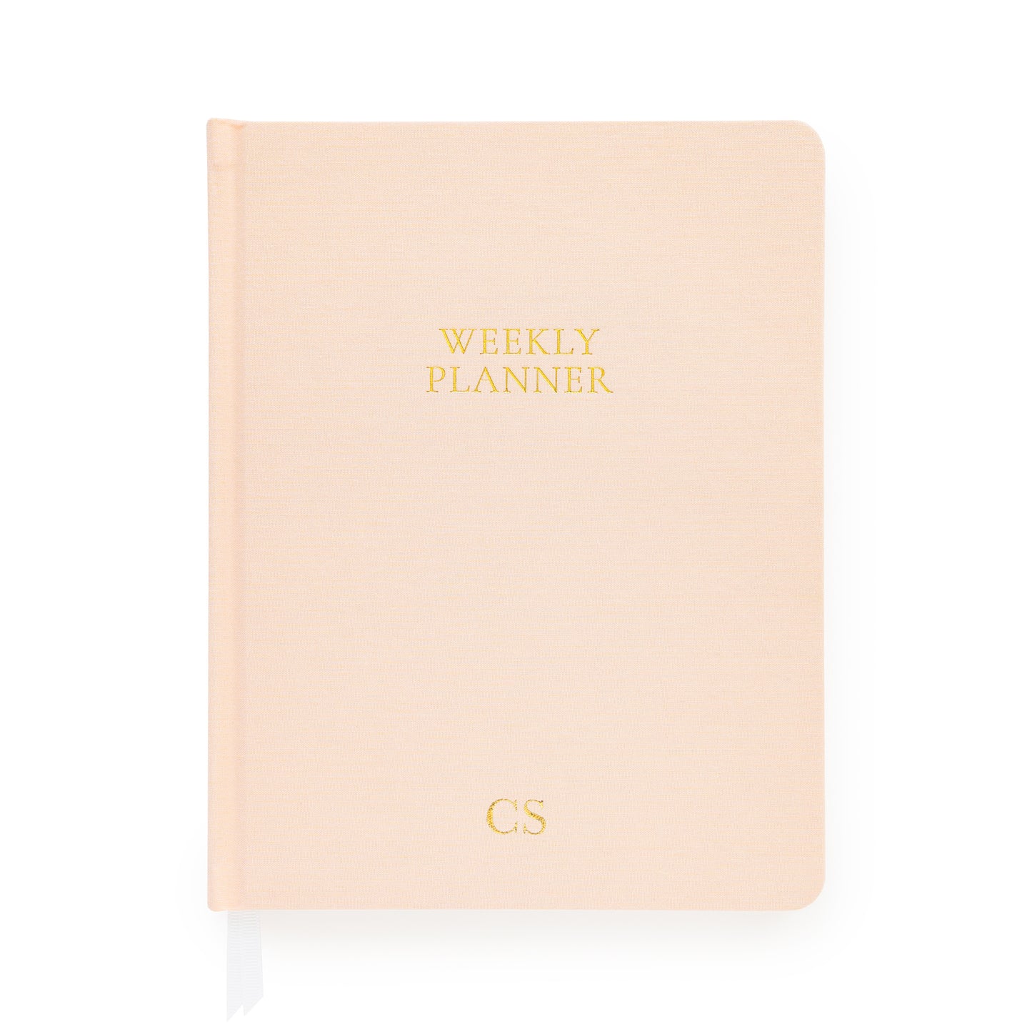 Pale pink weekly planner with gold foil initials