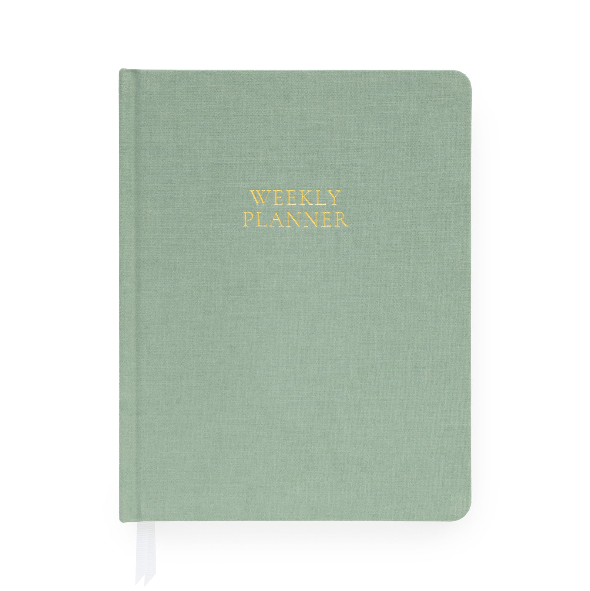 Sage Green Weekly Planner with white ribbon bookmark