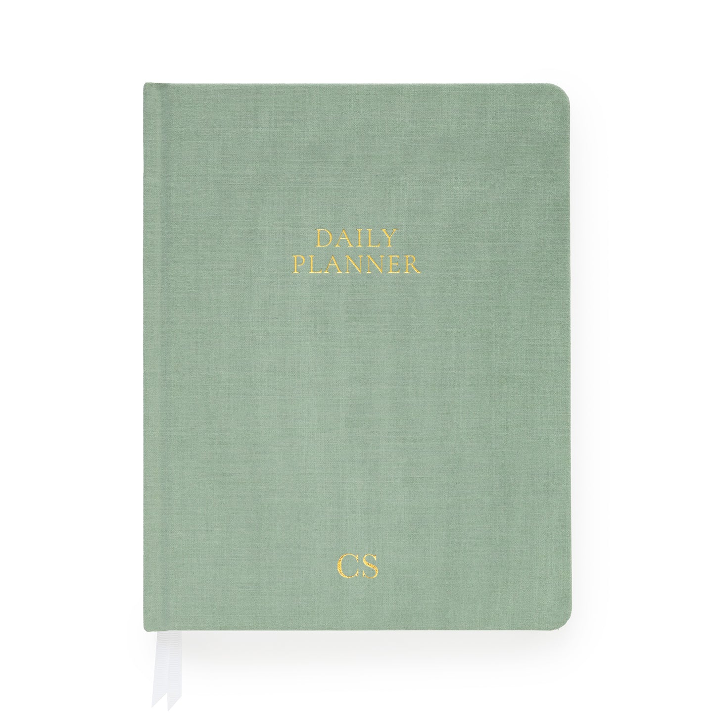 Sage green daily planner with gold foil initials
