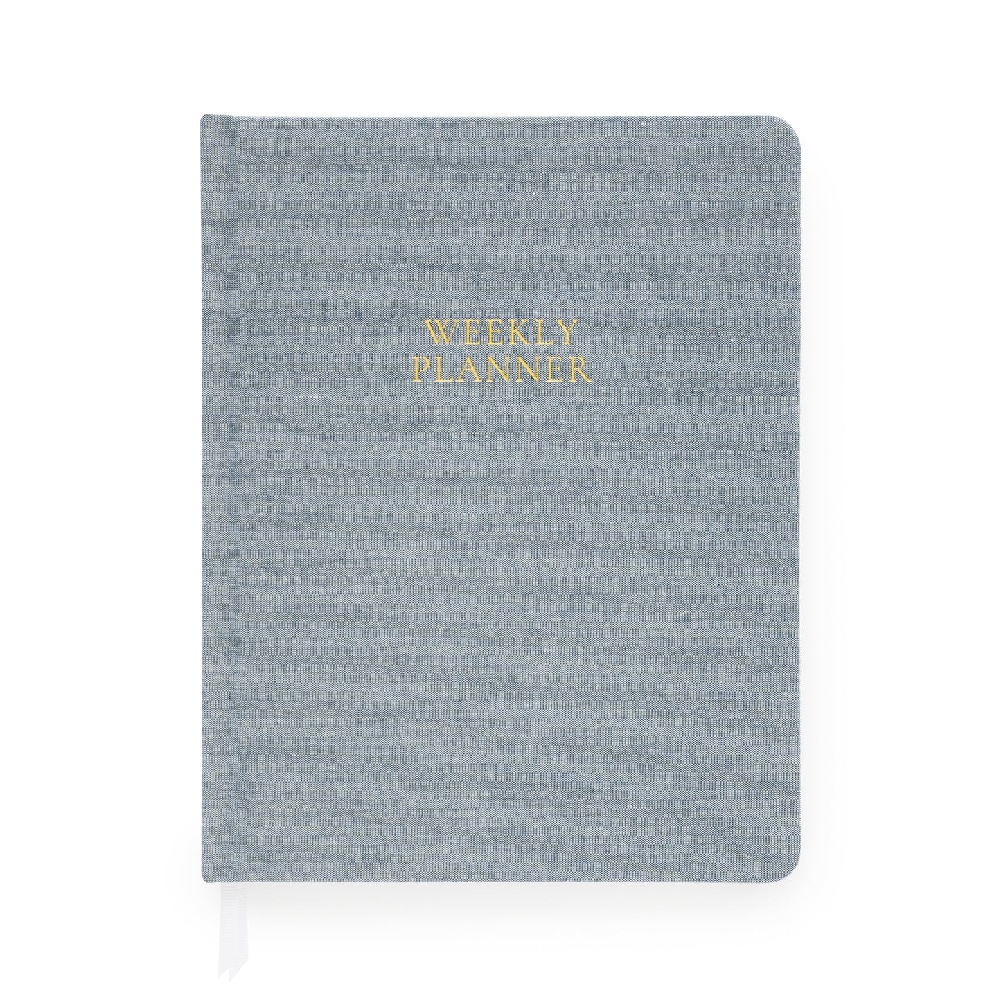 Chambray blue weekly planner foil stamped with weekly planner in gold on cover