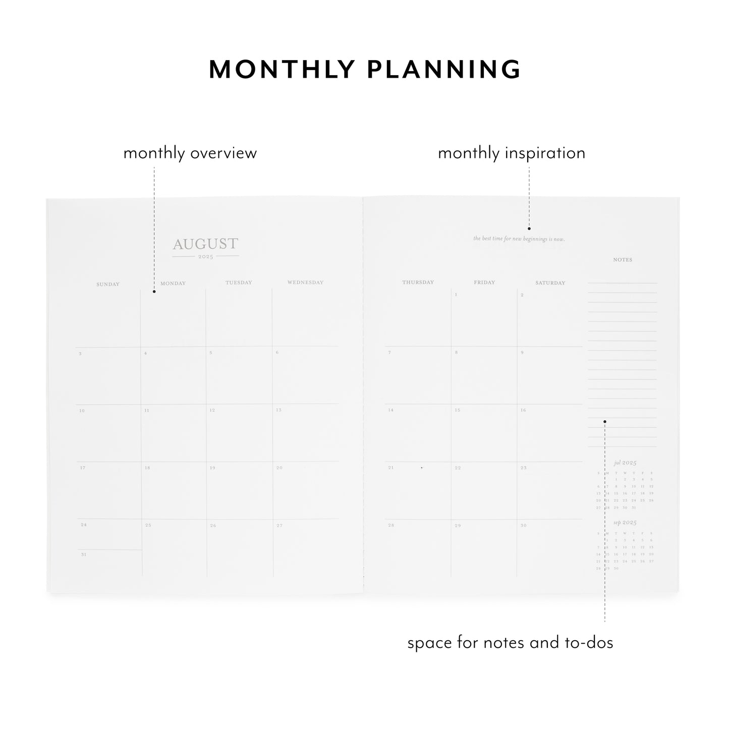 monthly planner open to august monthly grid pages