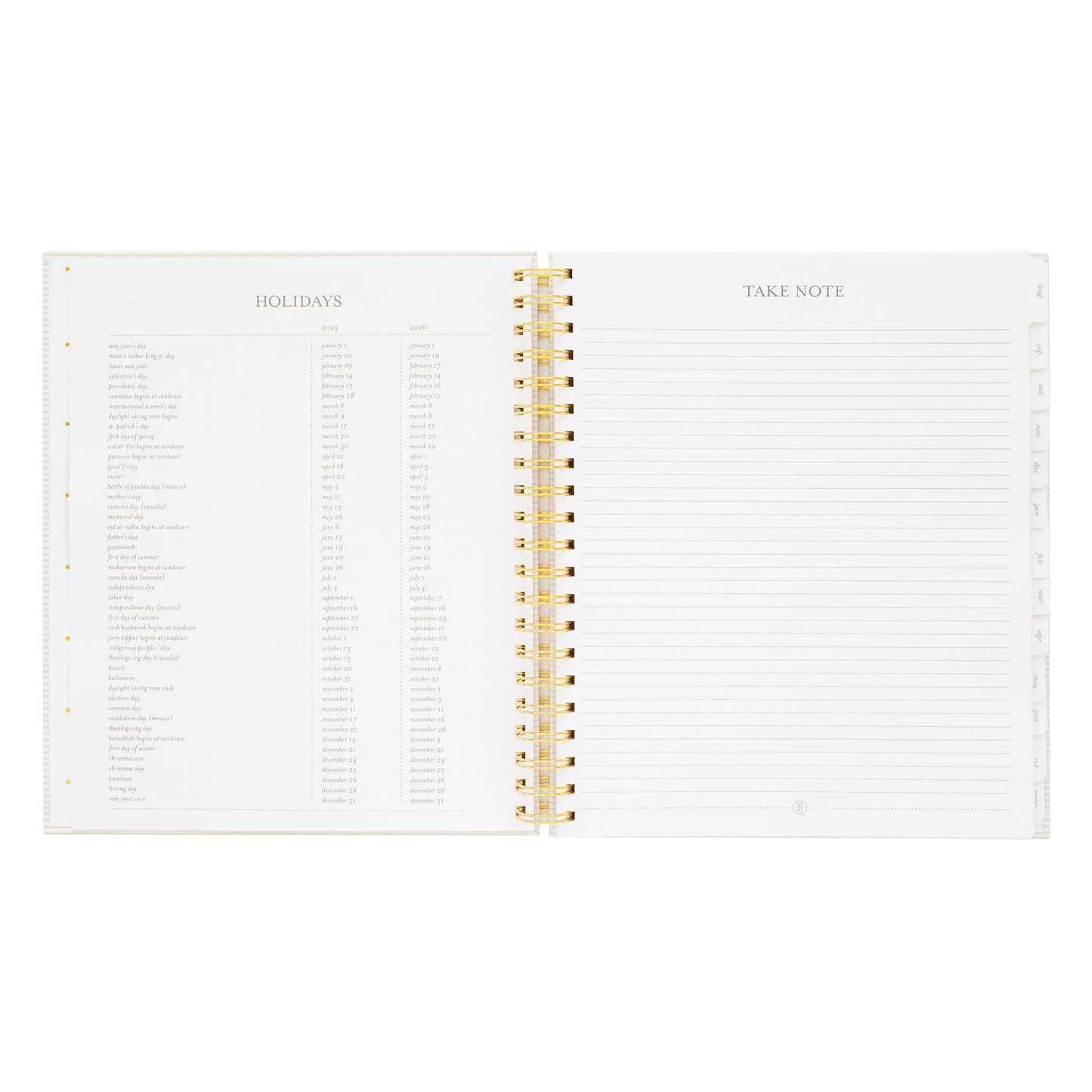 spiral planner open to holidays and notes pages