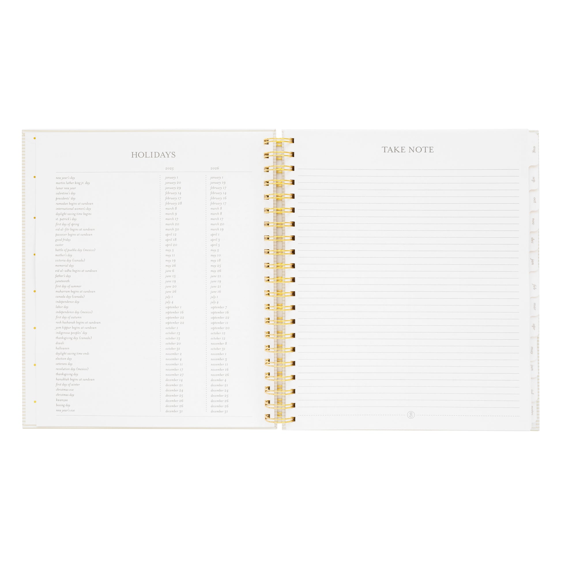 spiral planner open to holidays and notes pages