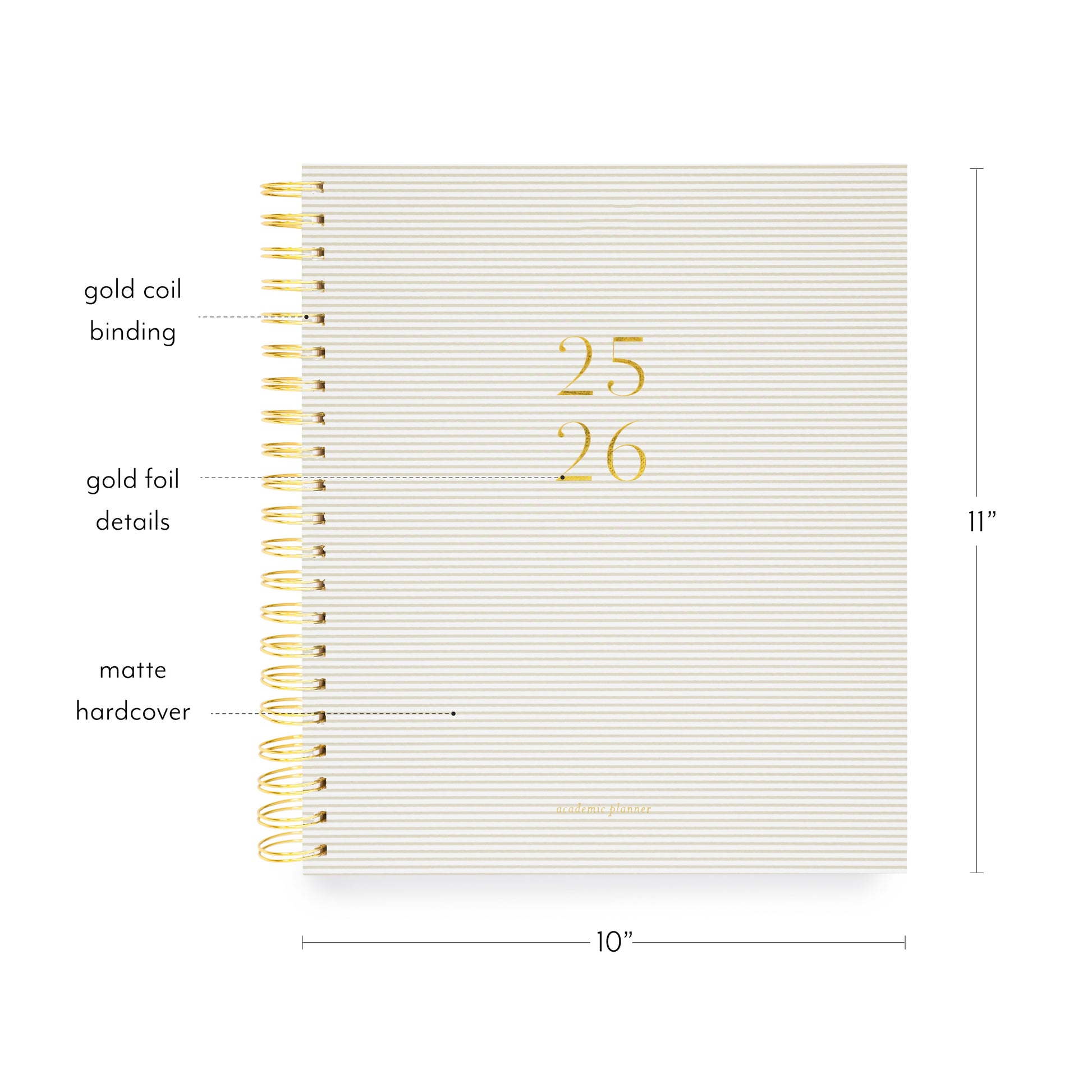 25-26 spiral planner cover showing gold coil, gold foil details, and 10 x 11"