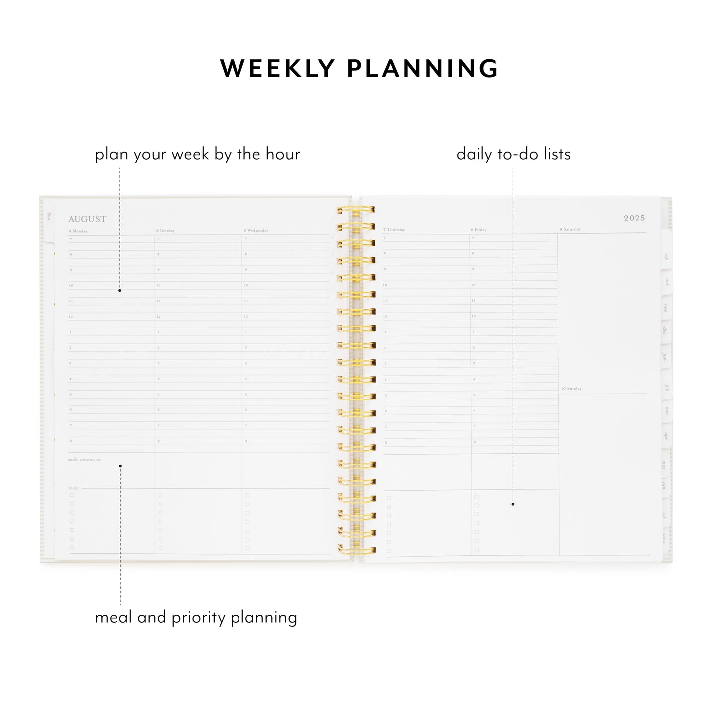 spiral planner open to hourly daily pages and to-do lists