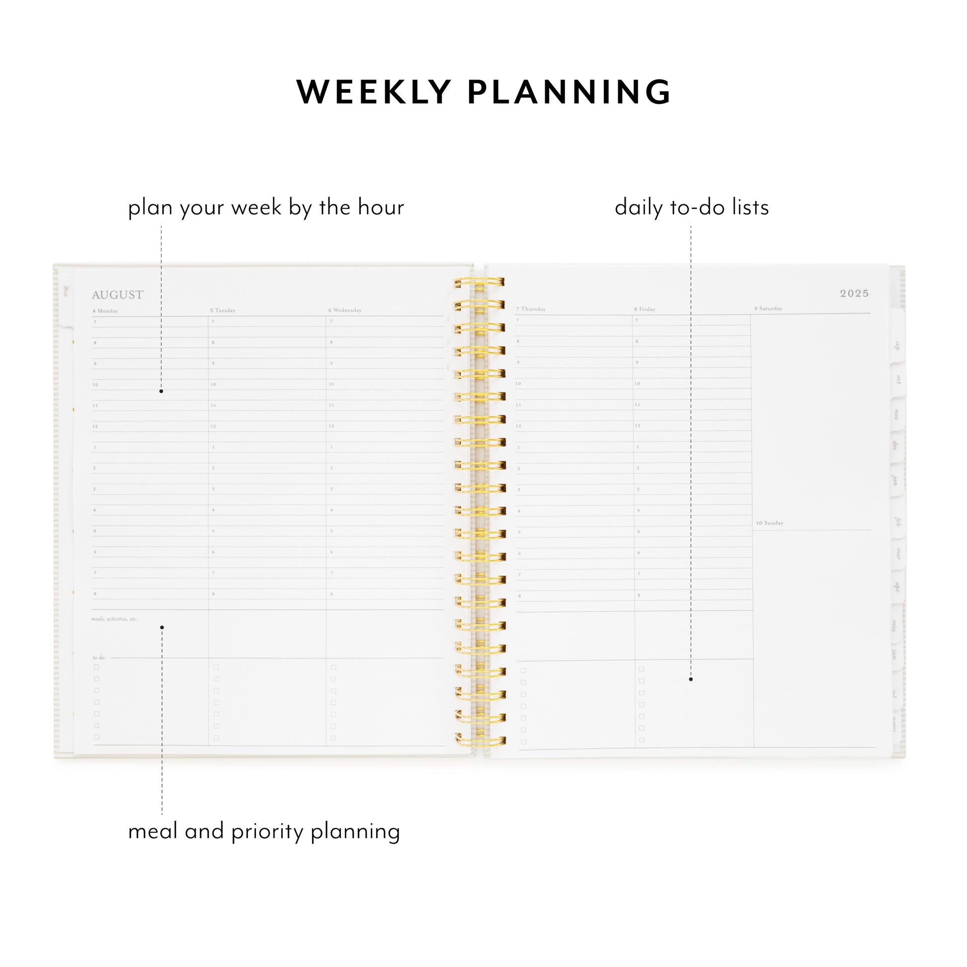 spiral planner open to hourly daily pages and to-do lists