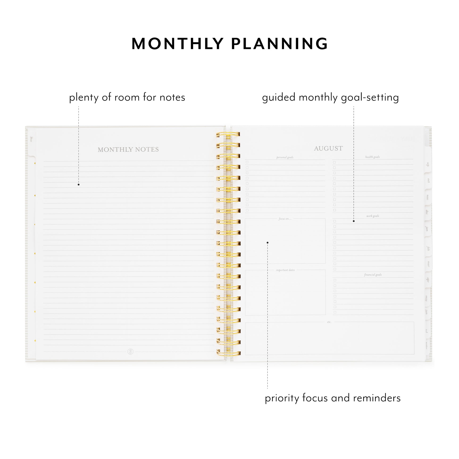 spiral planner open to notes and goal-setting pages