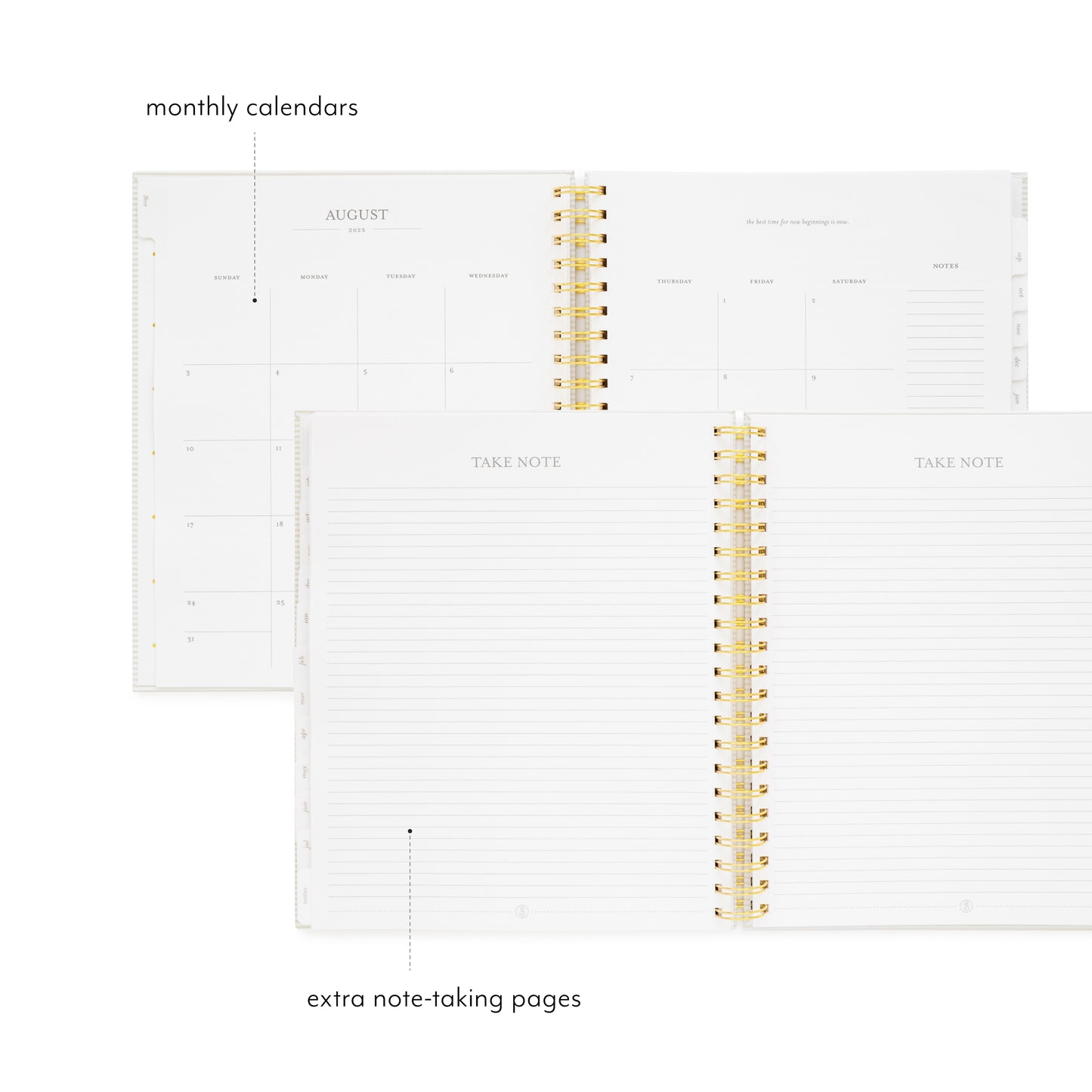 spiral planner open to monthly grid page and notes pages