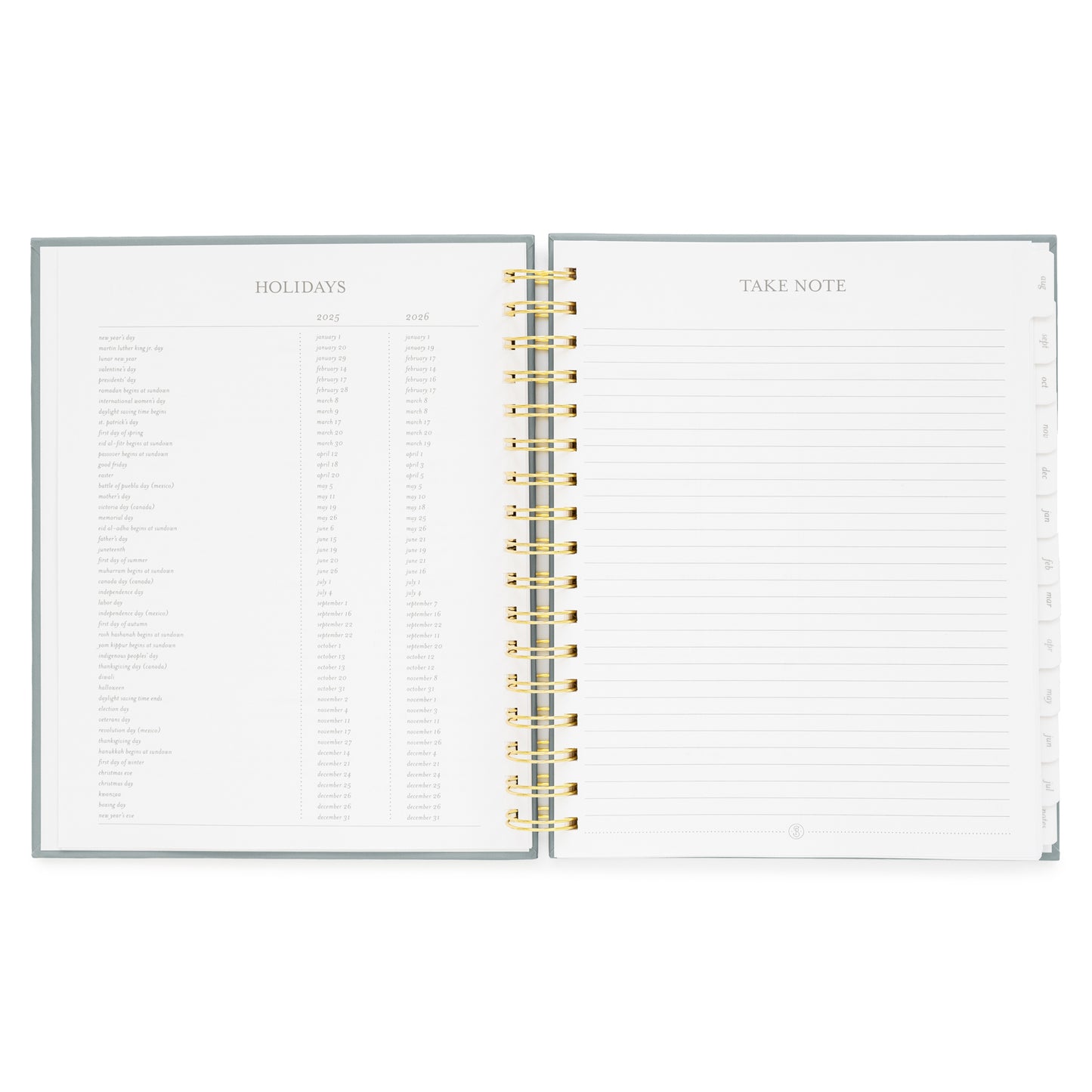 spiral planner open to holidays and note page