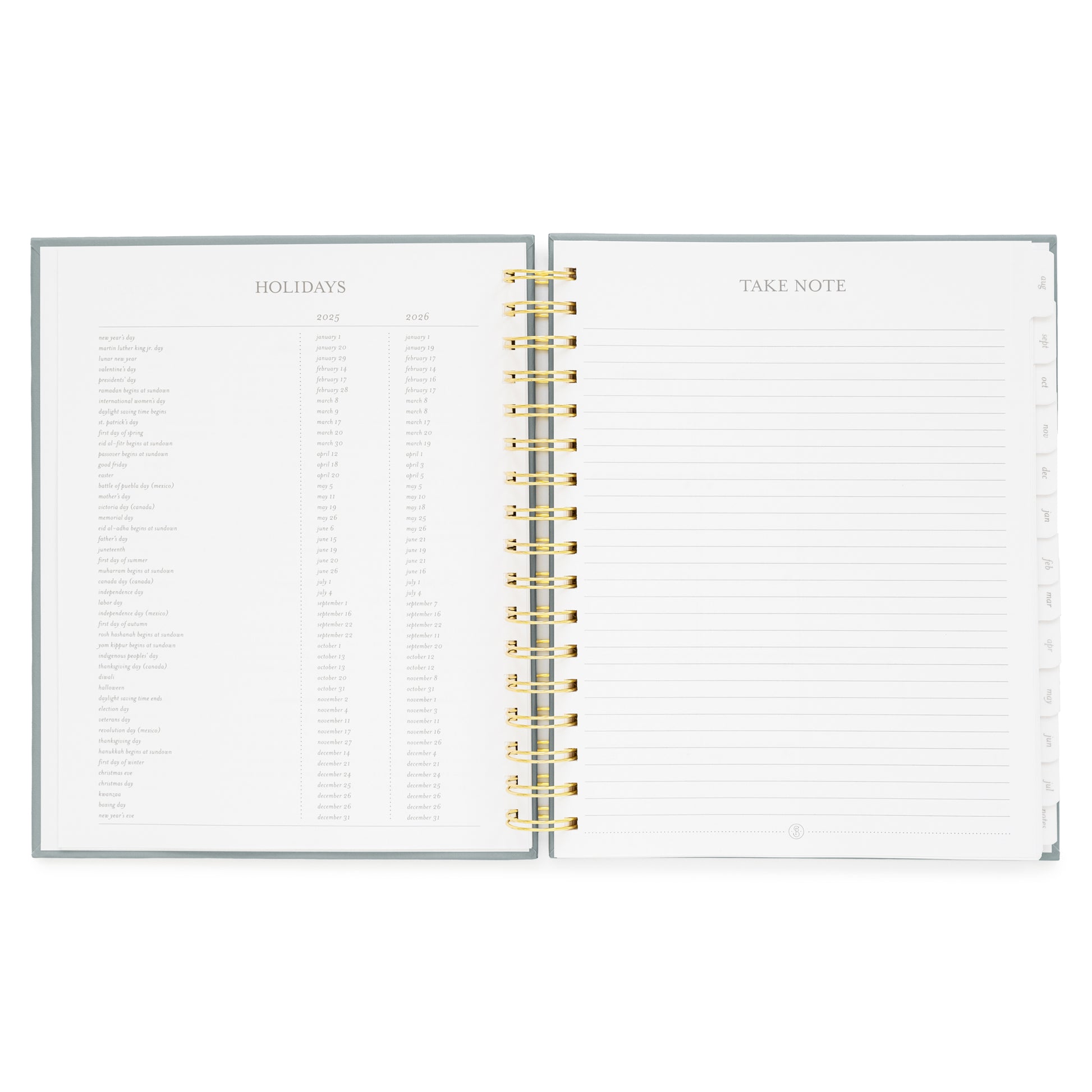 spiral planner open to holidays and note page