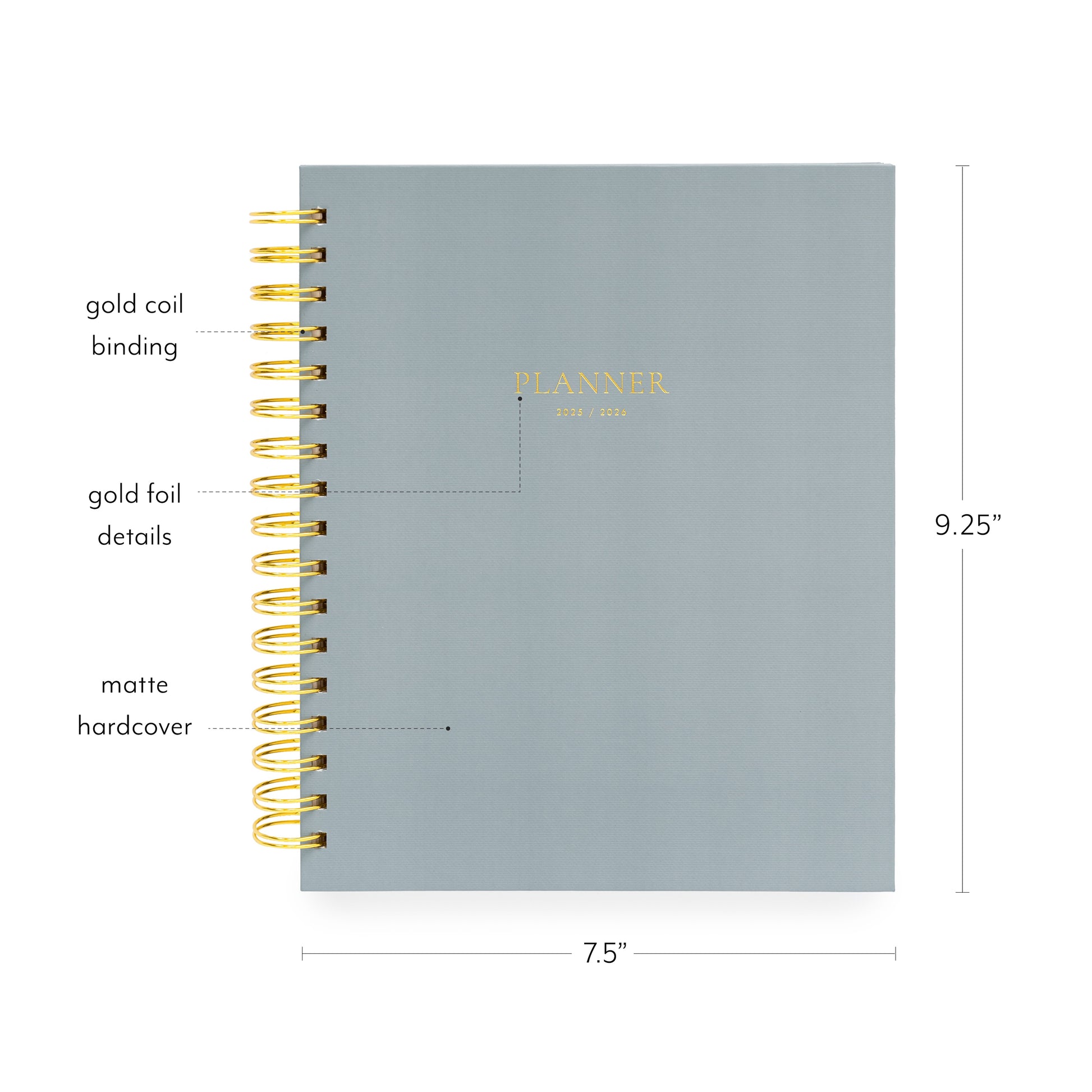 dusty blue spiral planner cover noting gold coil, gold foil details, and 7.5 x 9.25"