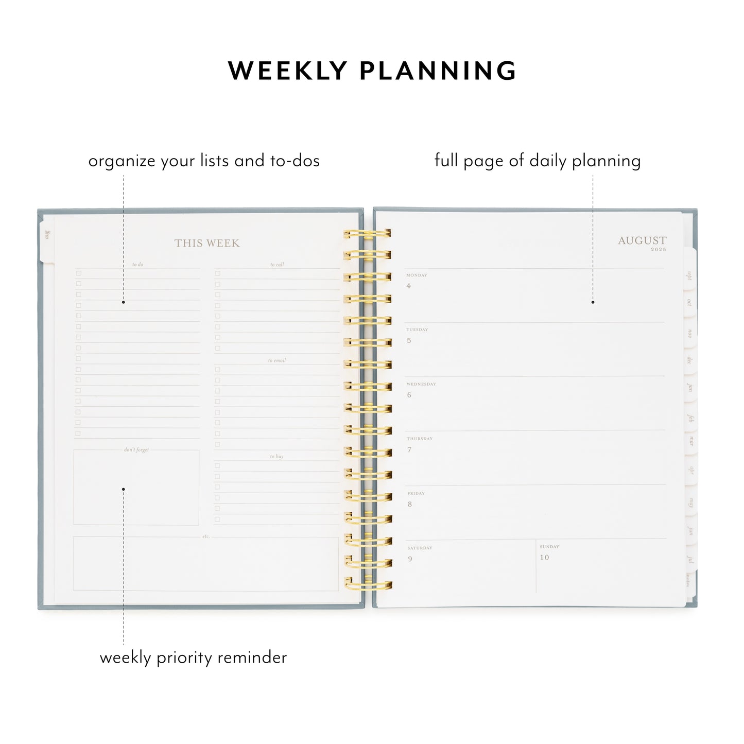 open spiral planner showing weekly list page and weekday blank spaces
