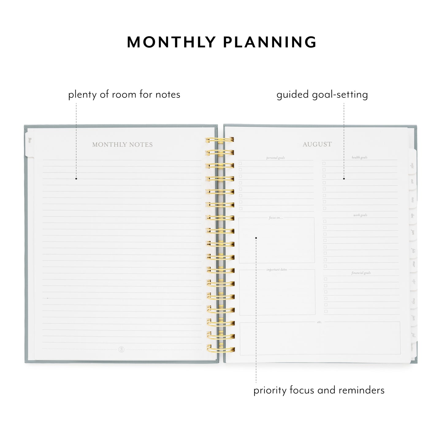 open spiral planner showing notes and goal-setting pages
