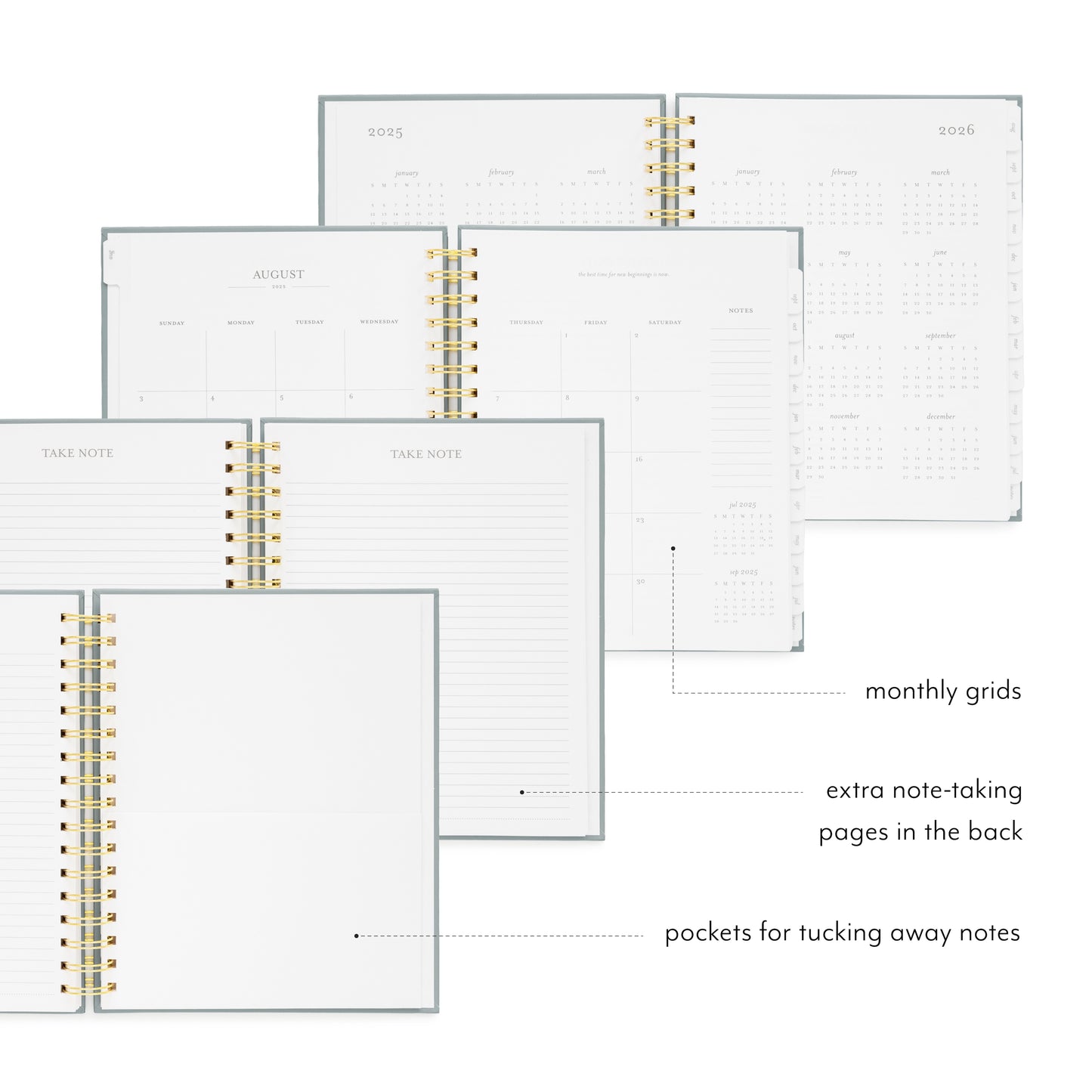 open spiral planner showing monthly grids, at a glance year, note pages, and folder pocket
