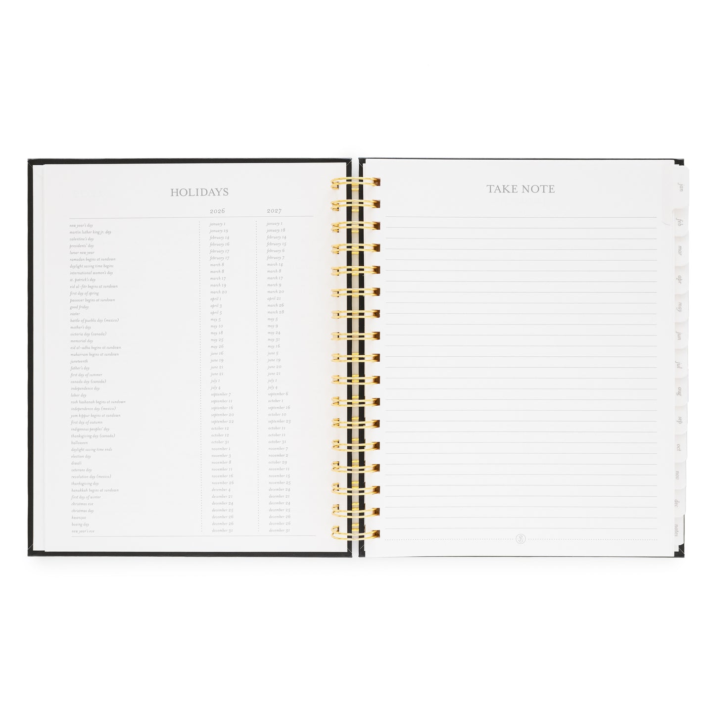 Open spiral-bound planner with 2026 + 2027 'Holidays' and 'Take Note' sections
