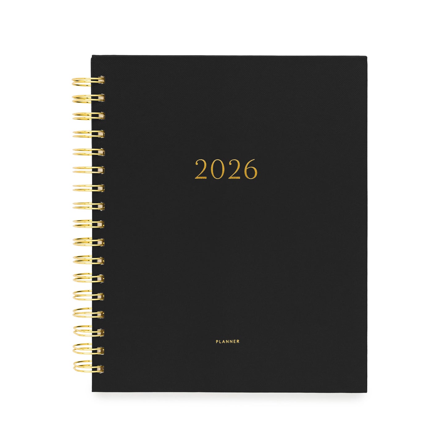 Black planner with gold spiral binding and '2026' printed on the cover