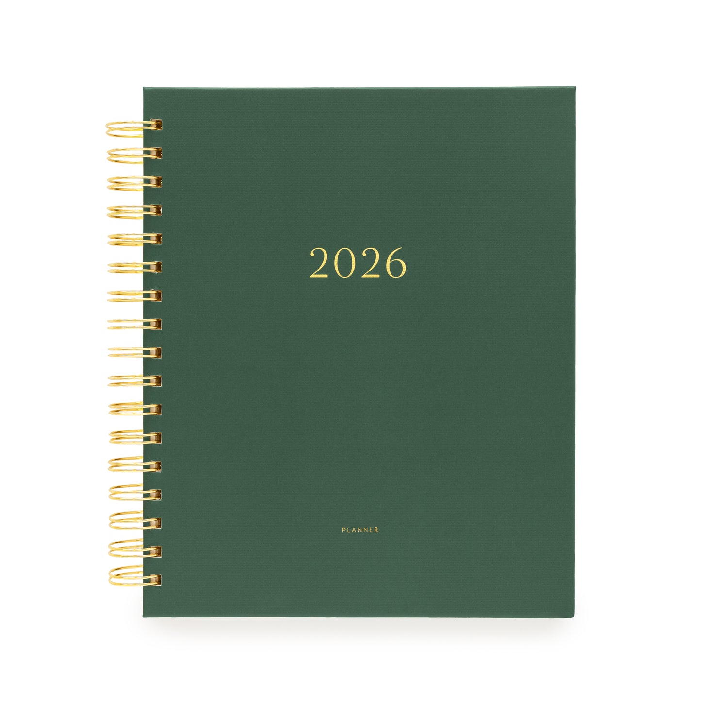 Forest green planner with gold spiral binding stamped with 2026 on the cover
