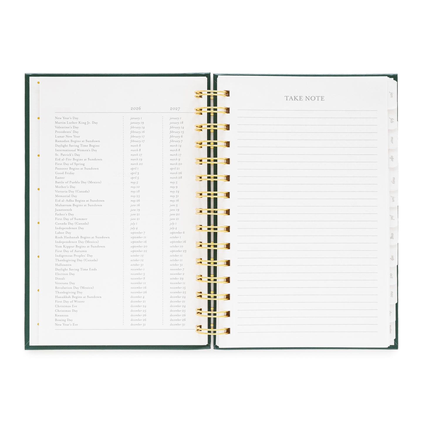 Open small spiral planner with lined pages and 2026 + 2027 holidays