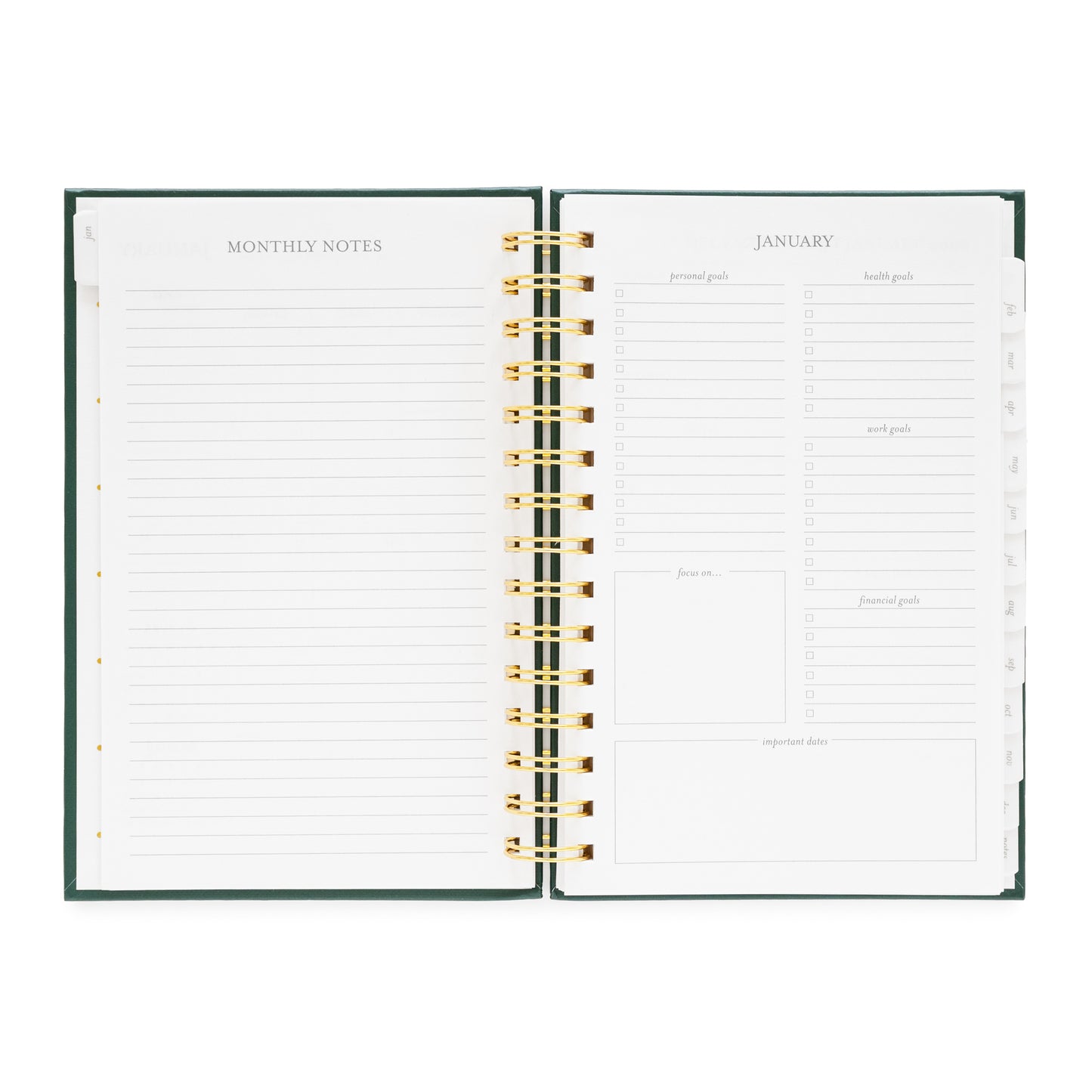 Open small spiral planner showing monthly notes and January monthly goal prompts