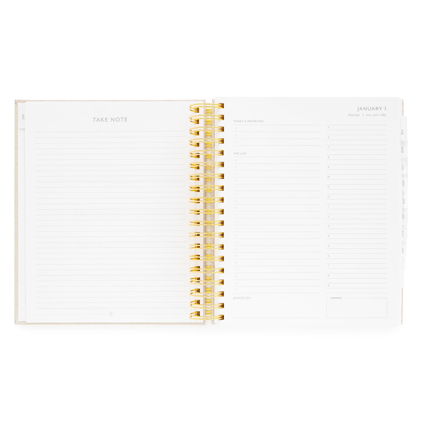 Open spiral planner with take note lined page and daily page with today's priorities, the list, grateful for, timed slots for each weekday, and dinner plans