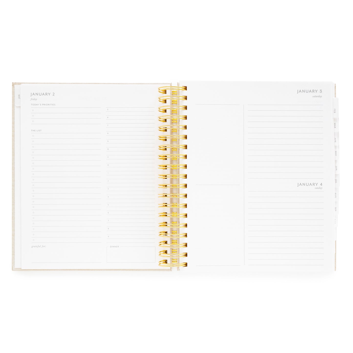 Open spiral planner with daily with today's priorities, the list, grateful for, timed slots for each weekday, and dinner plans, and extra space and blank notes for weekend days