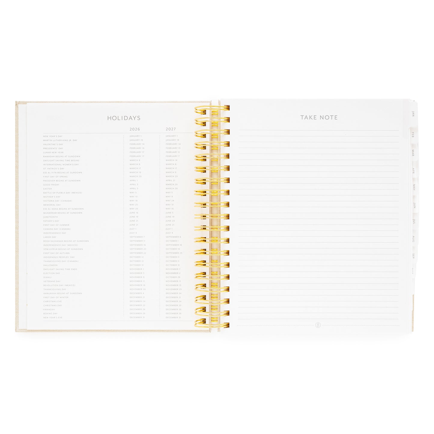 Open spiral-bound planner with '2026 + 2027 Holidays' and 'Take Note' sections