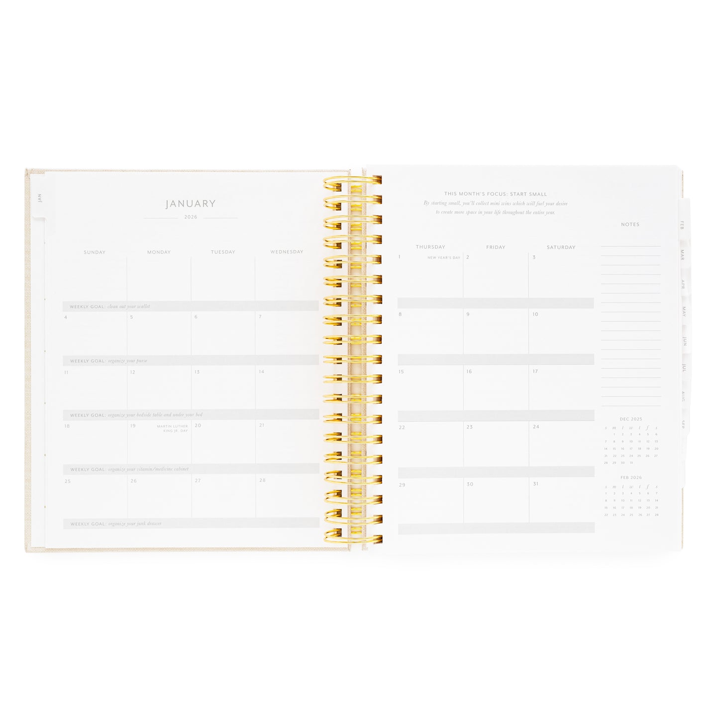 Open daily spiral planner showing January monthly layout with gold spiral binding with weekly goals and monthly project focus
