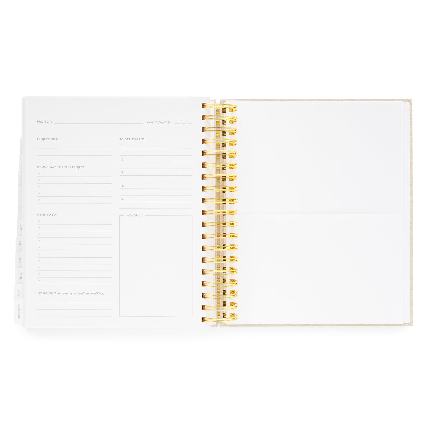 Open daily spiral planner to project page with project goal, items i have for project, items to buy, let go of, to get started and notes/sketch and white pocket for keepsakes