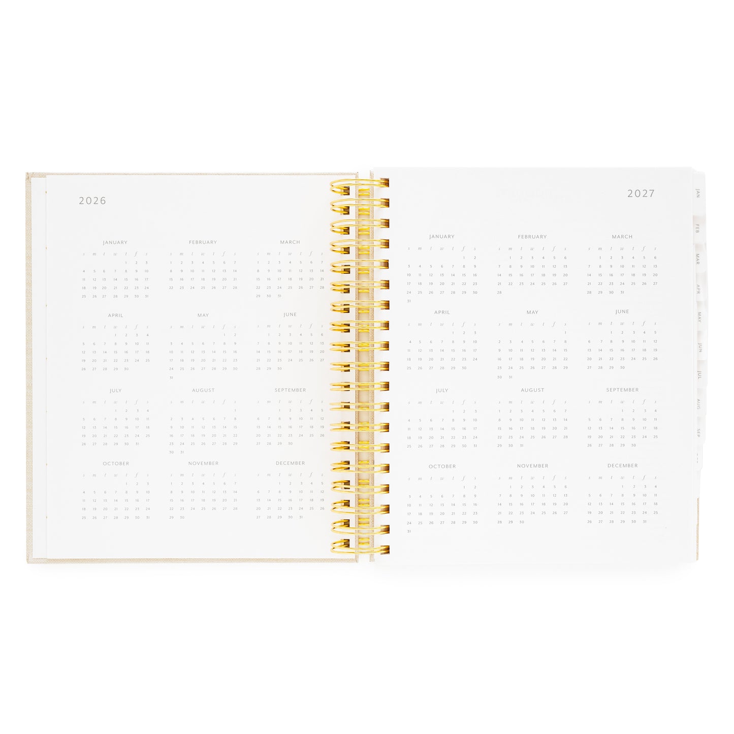 Open daily spiral planner with 2026 + 2027 months