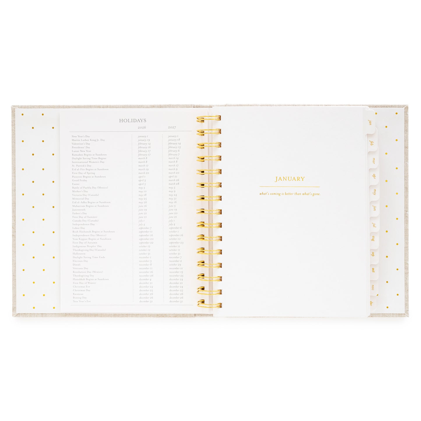 Open 2026 concealed planner with 2026 + 2027 holidays and january title page