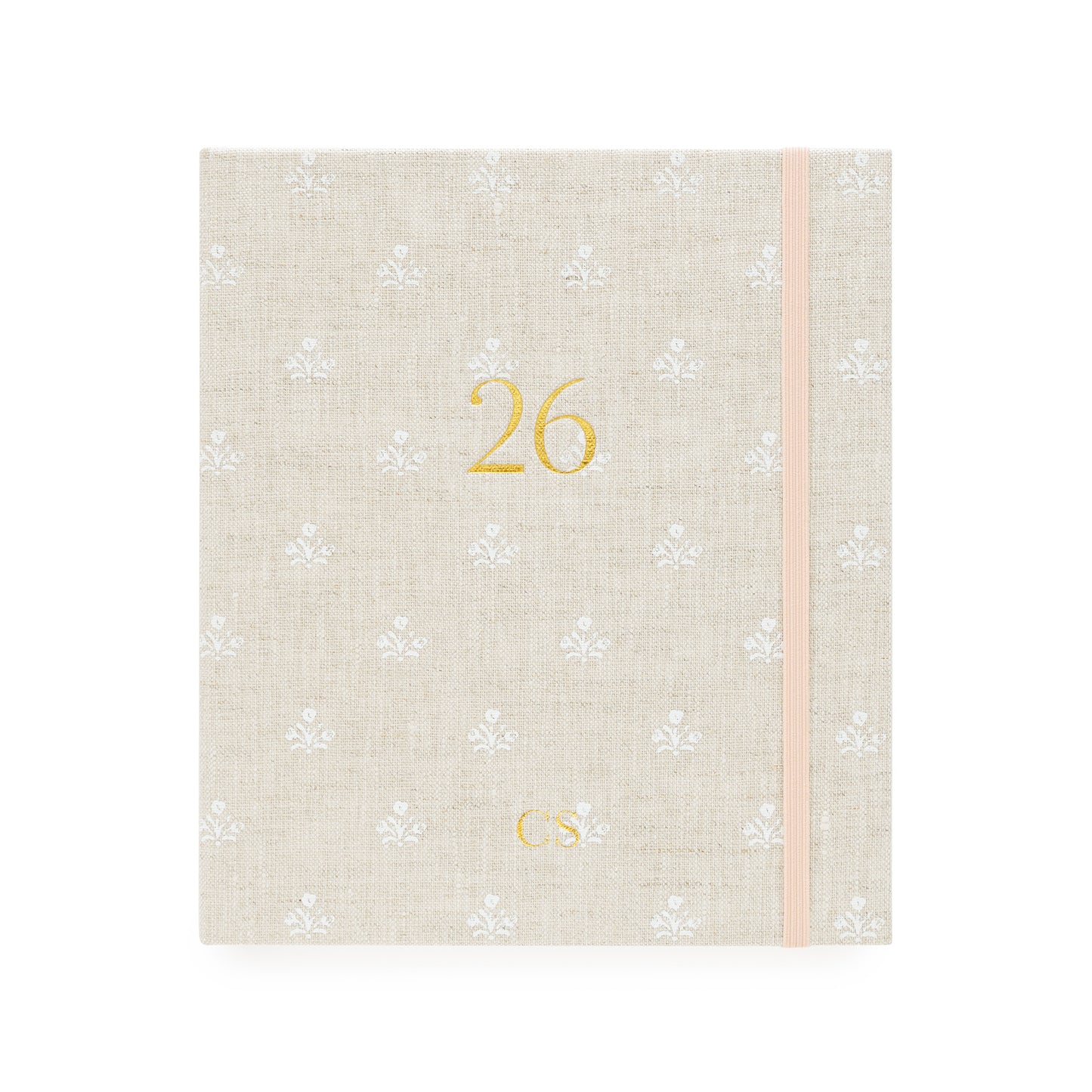 2026 fabric planner with beige and white floral pattern and '26' and 'cs' initials stamped in gold foil