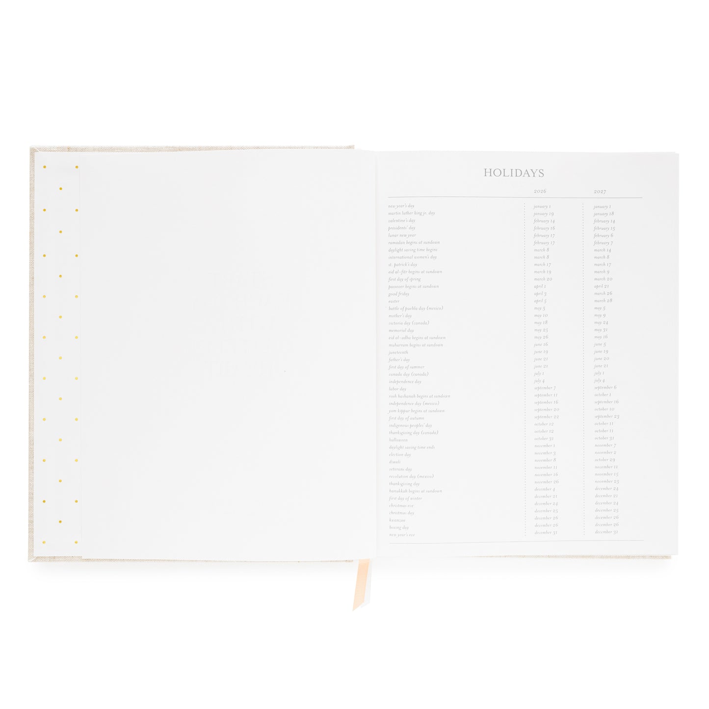 Interior of desk agenda with 2026 + 2027 holiday list