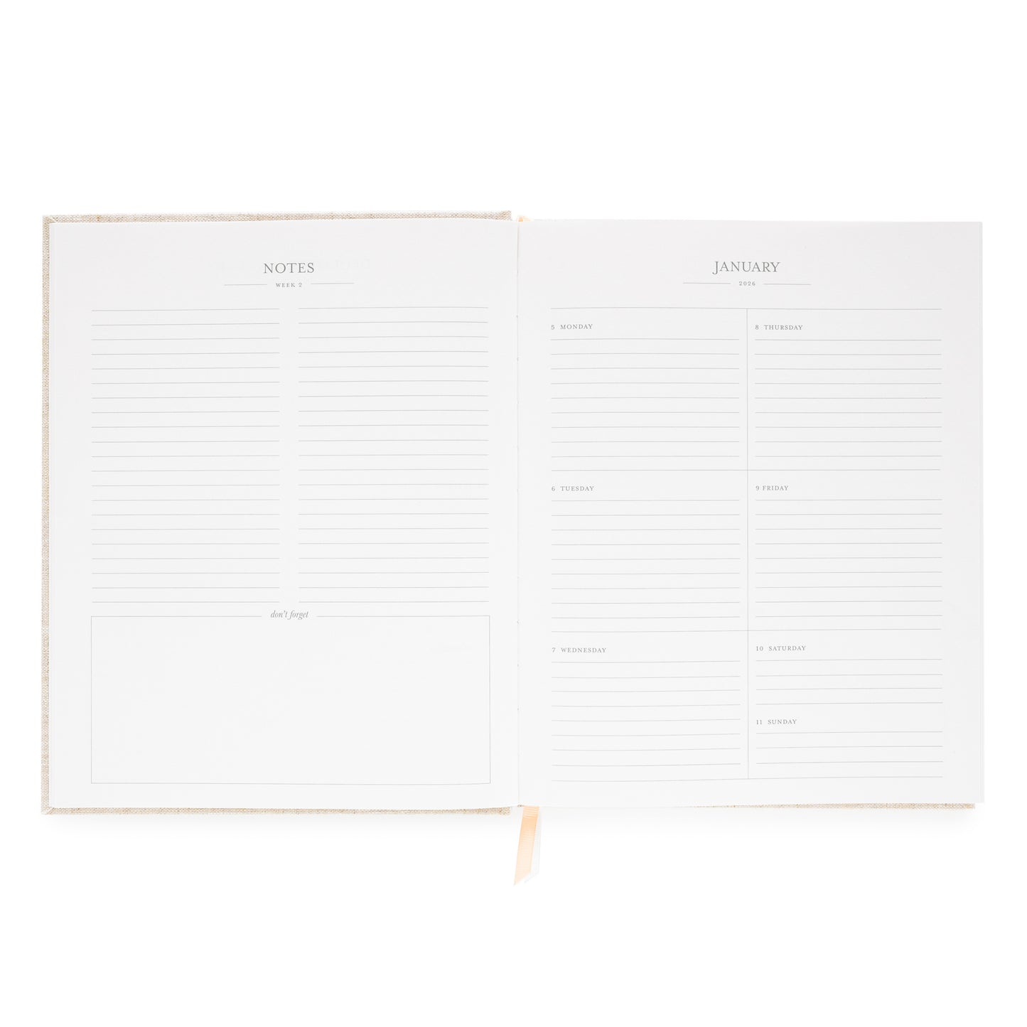 Interior of desk agenda with notes, dont' forget and weekly layout for january 2026 with space for each day of the week