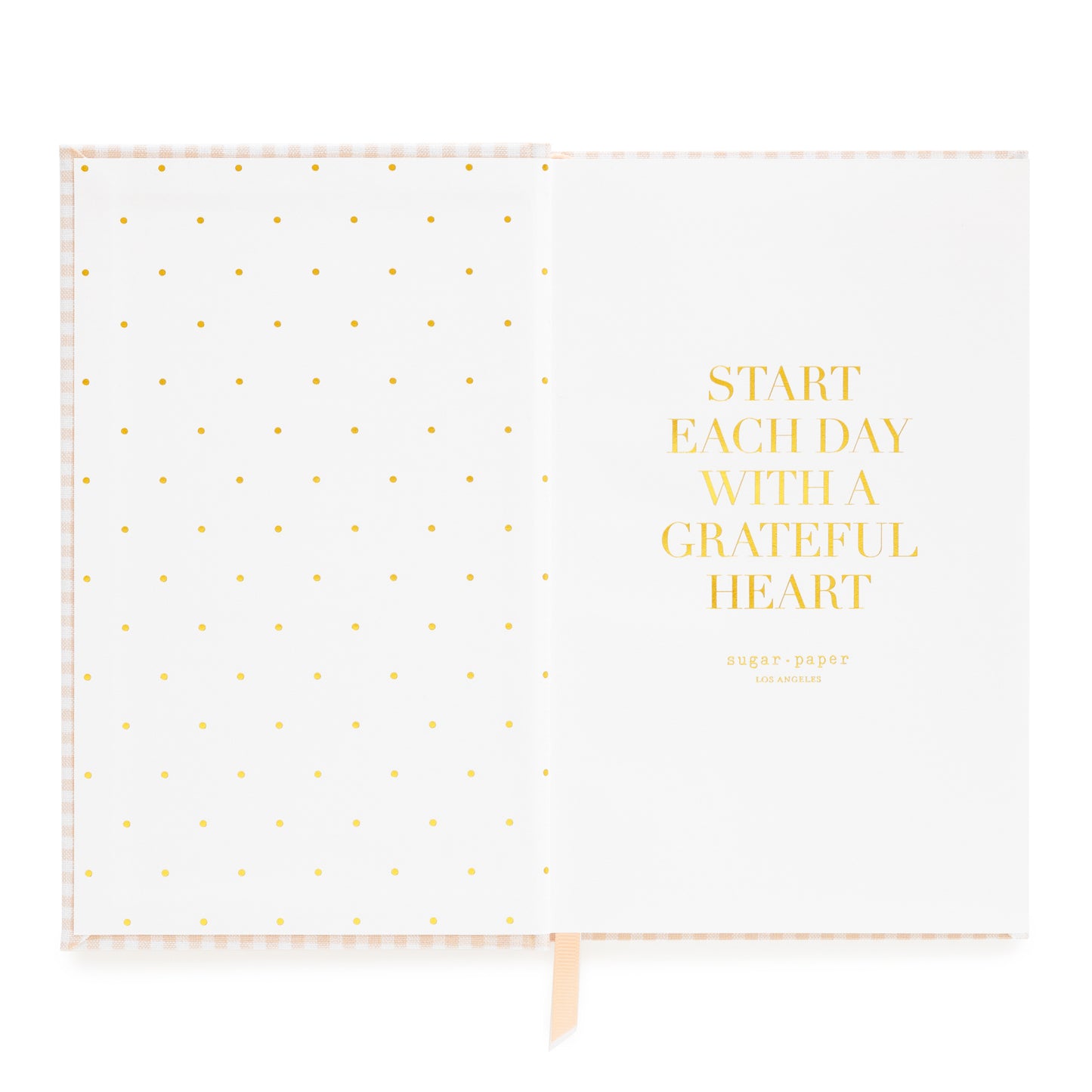 Interior of small bound agenda with 'Start each day with a grateful heart' in gold foil and pink and white ribbon markers