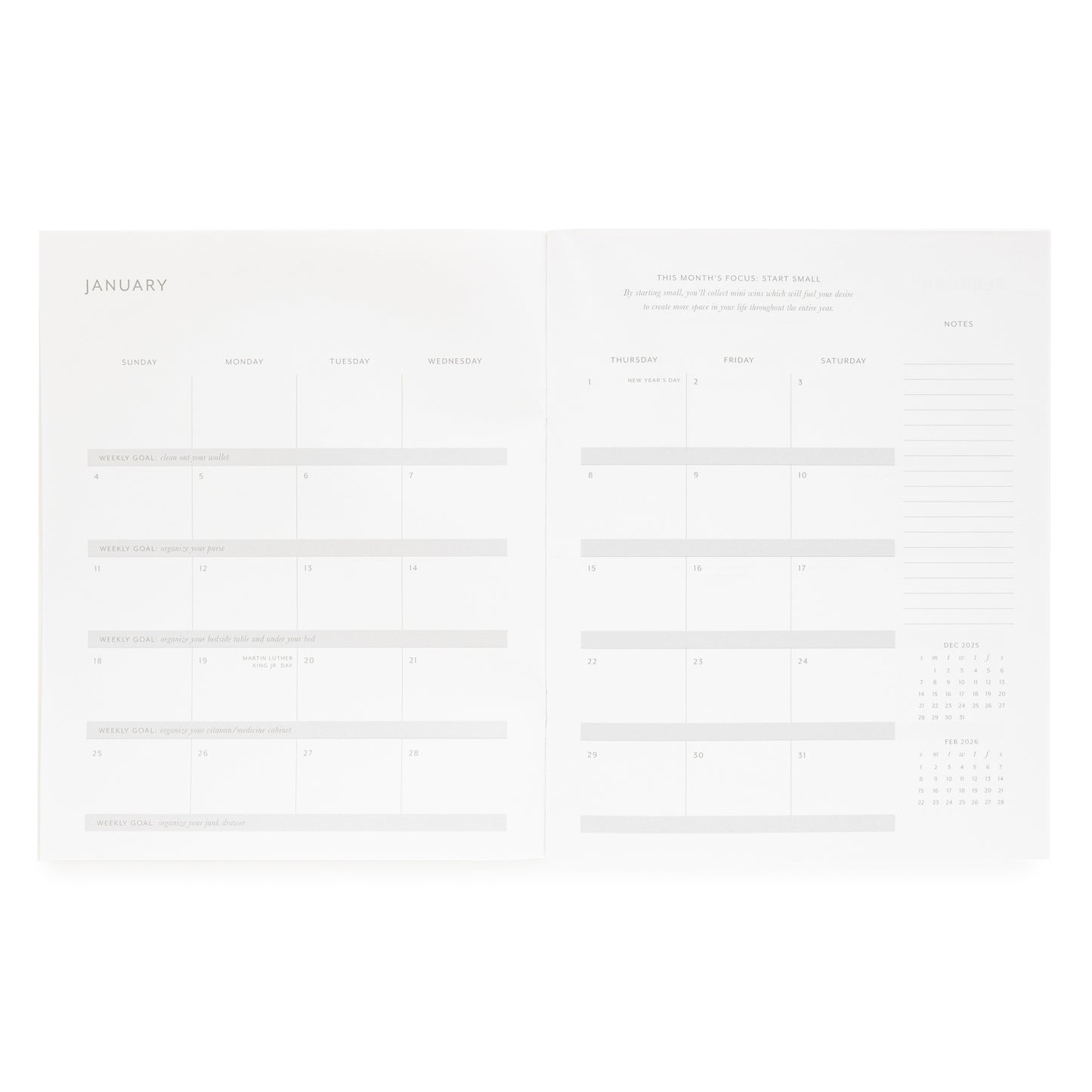 Open Breathing Room for Sugar Paper Monthly planner grid for January with a weekly goal project and this month's focus
