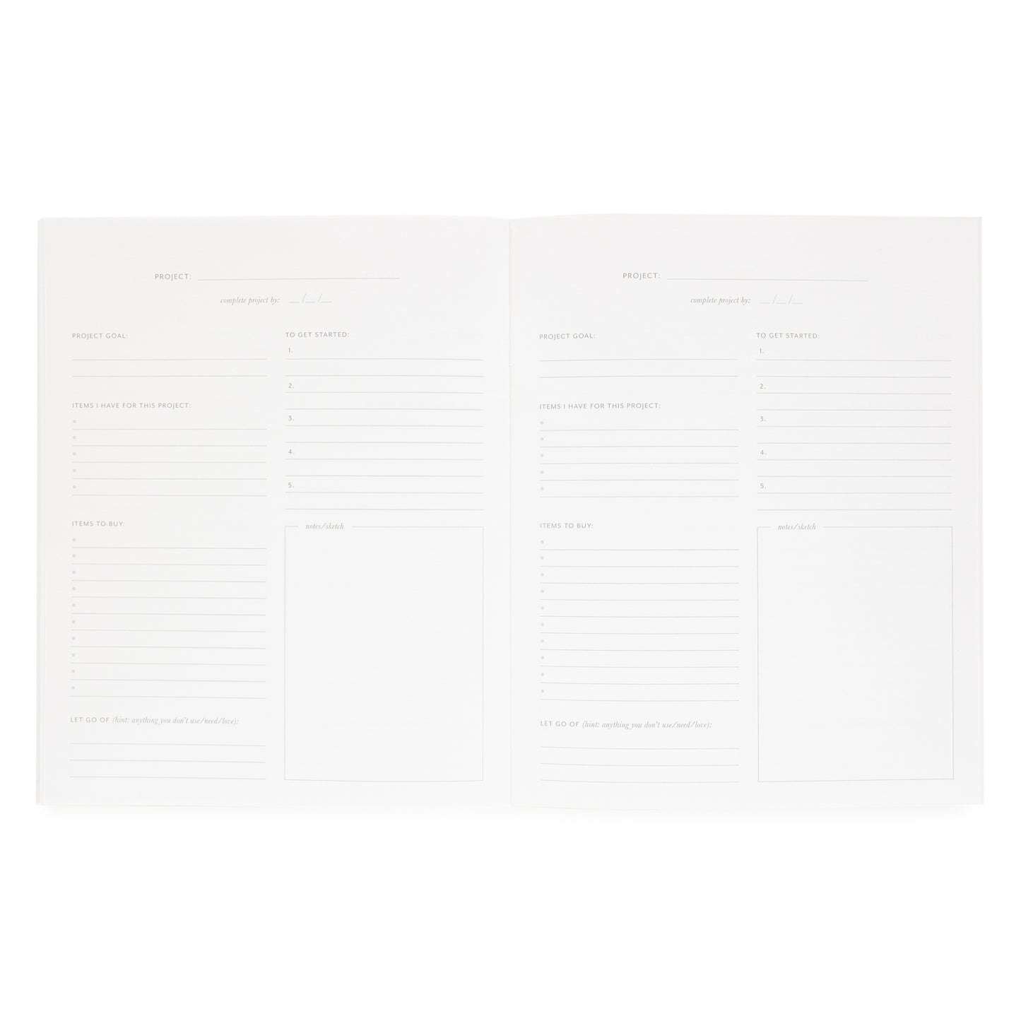 Project planning pages of Breathing Room for Sugar Paper monthly planner with goal, items I have, items to buy, let go of, to get started and notes