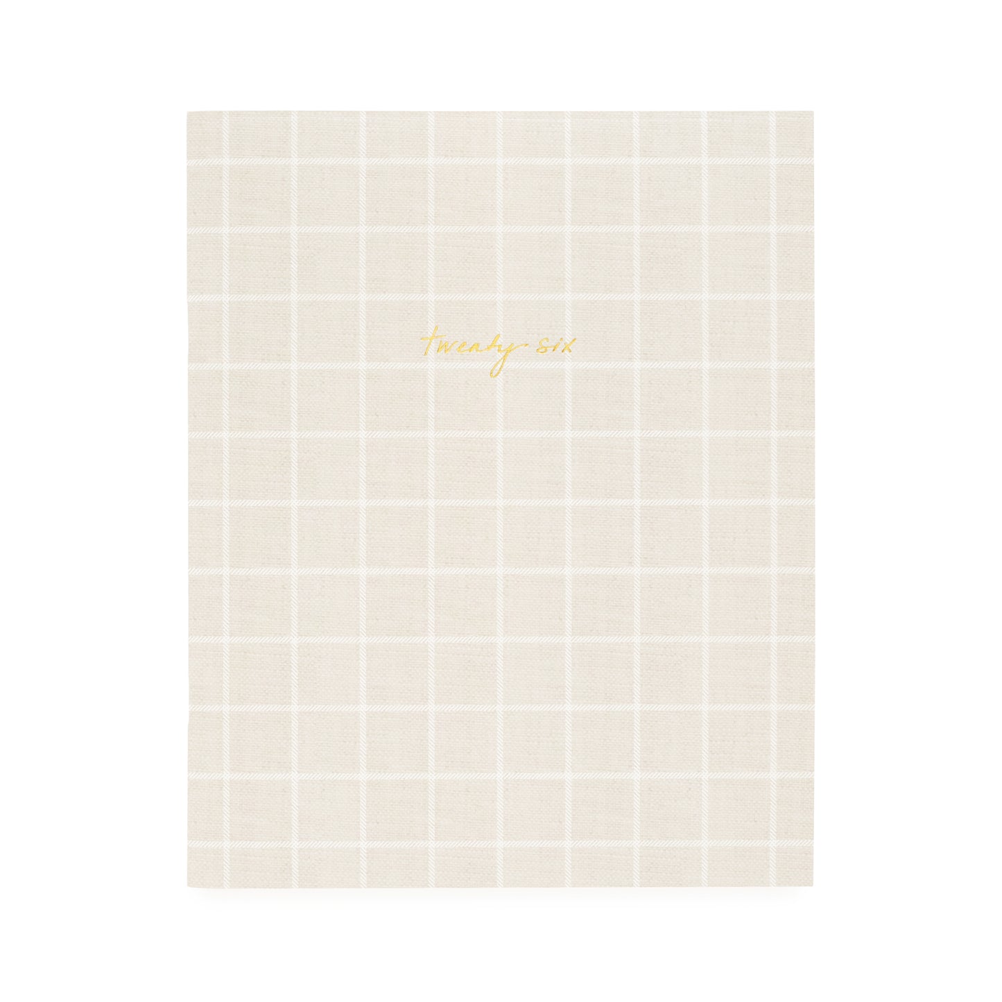 Flax and white check planner with twenty-six in gold foil on the cover