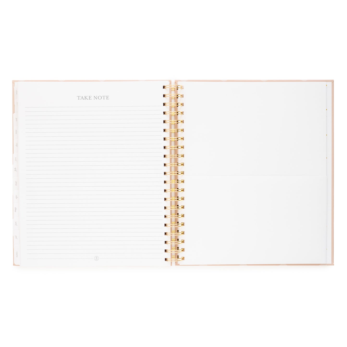 Open spiral planner with take note page on the left and pocket on the right