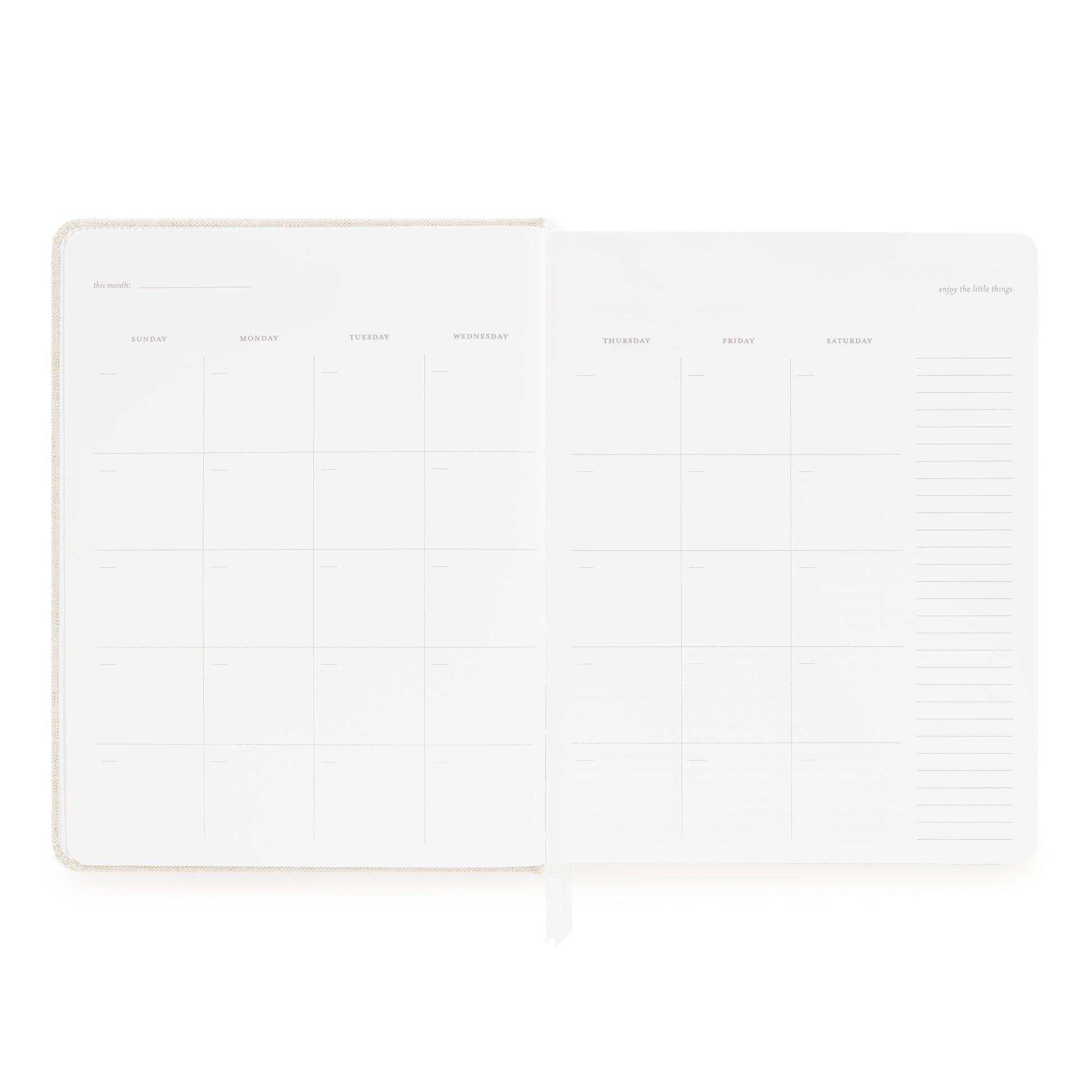 monthly grid in undated planner with room for notes on the side