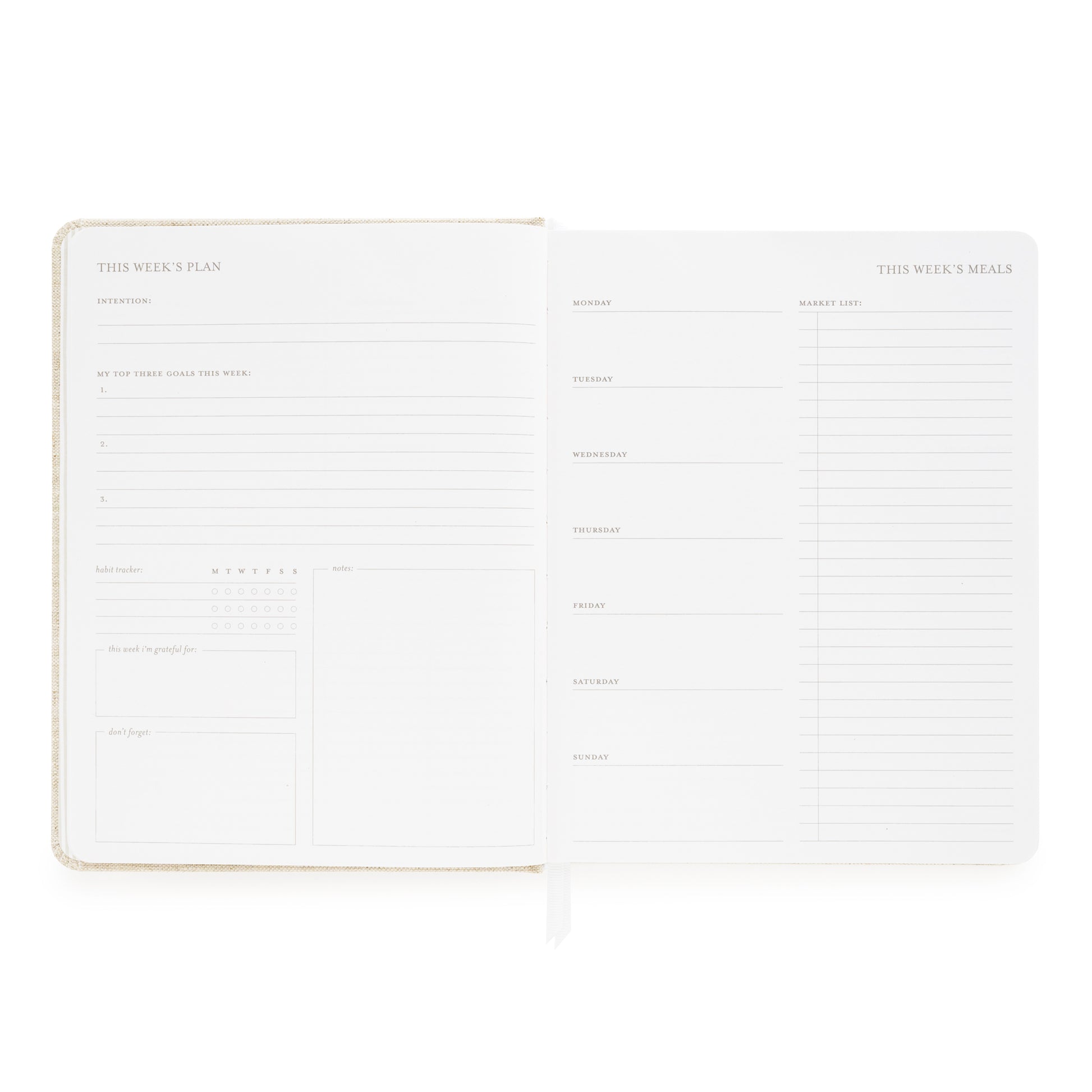 this weeks plan and meals pages of undated daily planner with weekly prompts, market list, and weekly planning