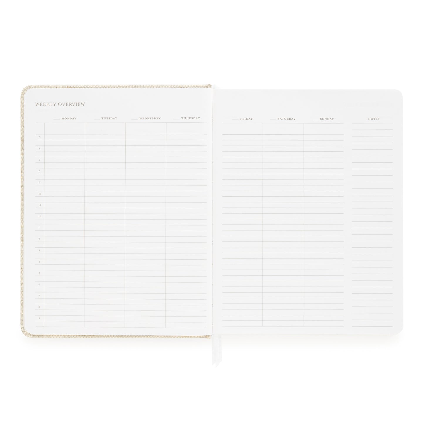 Weekly overview grid with space for each day of the week with timed hour slots
