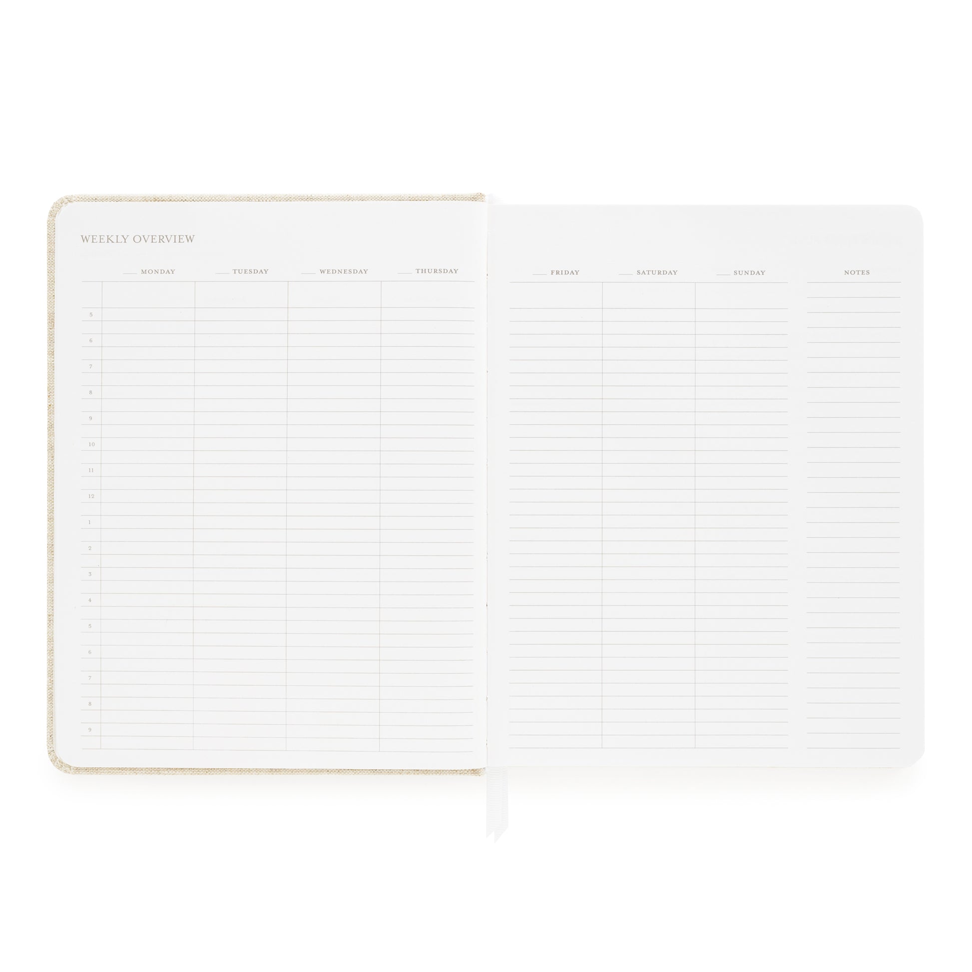 Weekly overview page with day of week, times and notes