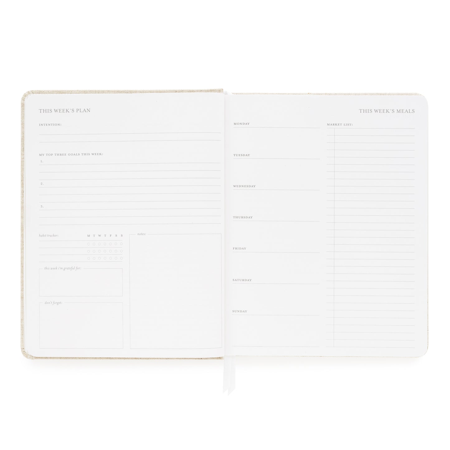 This Week's Plan Planning Page with Prompts, including habit tracker, top goals, and market list