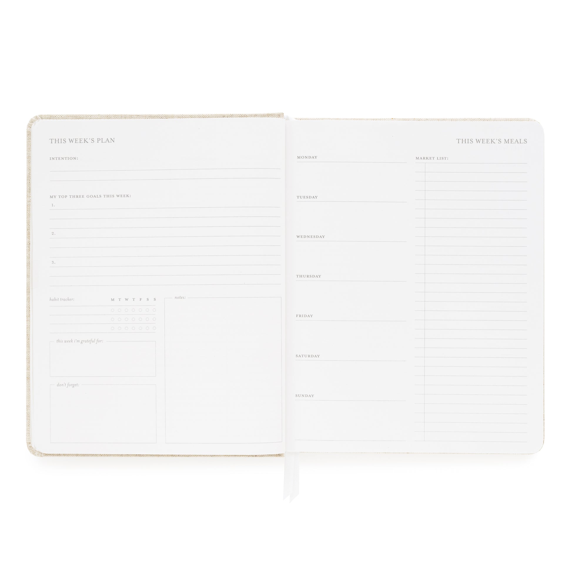 This Week's Plan Planning Page with Prompts, including habit tracker, top goals, and market list