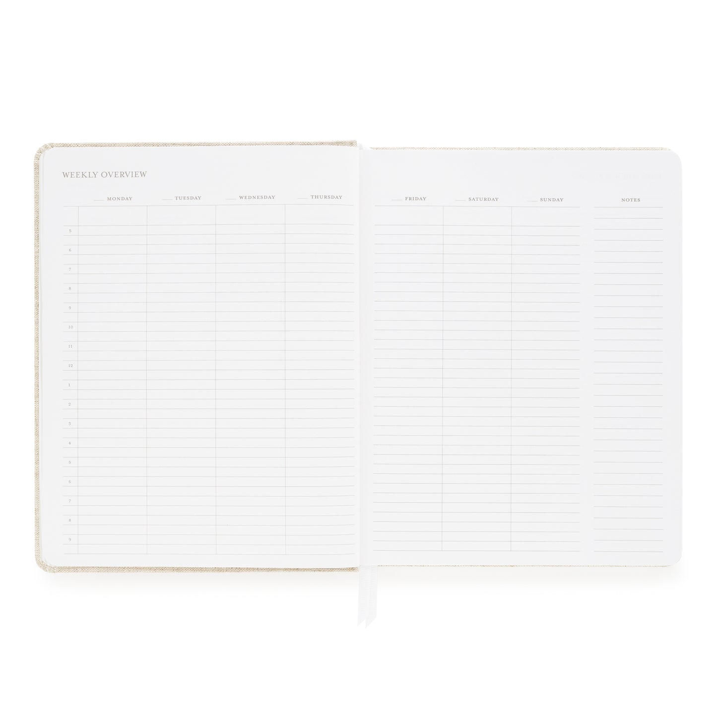 Weekly overview with space for each day of the week and timed slots for each hour of the day