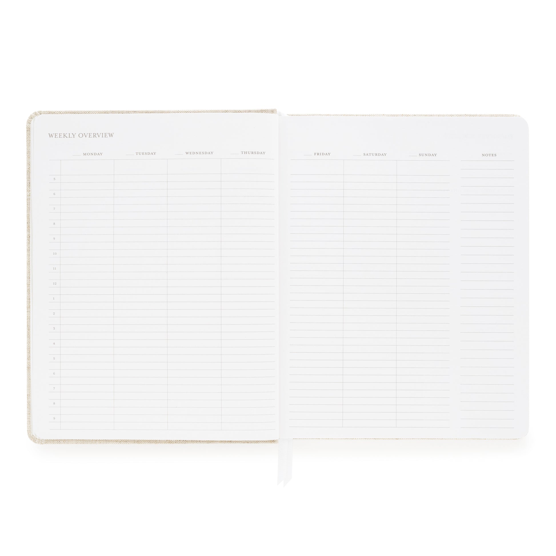 Weekly overview with space for each day of the week and timed slots for each hour of the day