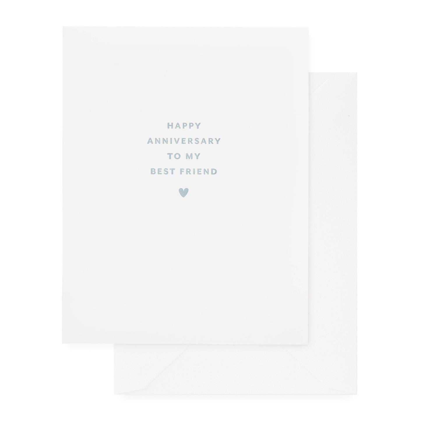 white anniversary card with slate blue text and white envelope