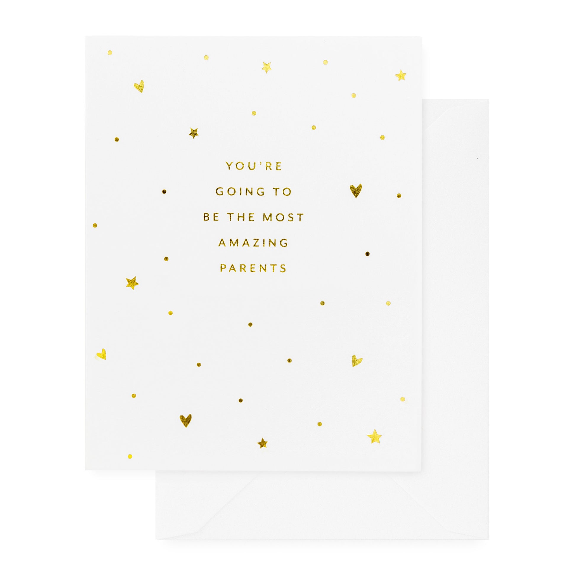 white card with gold foil text and heart pattern, white envelope