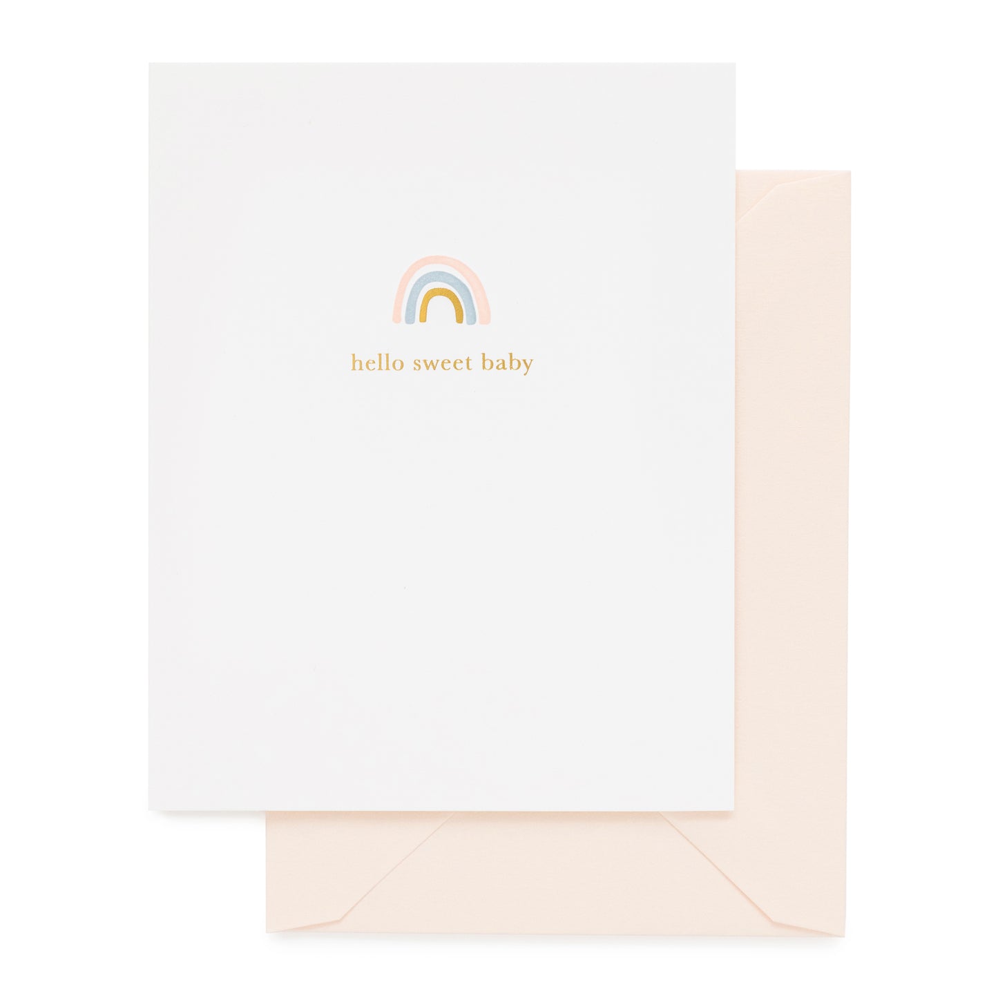 white card with hello sweet baby text and rainbow, pale pink envelope